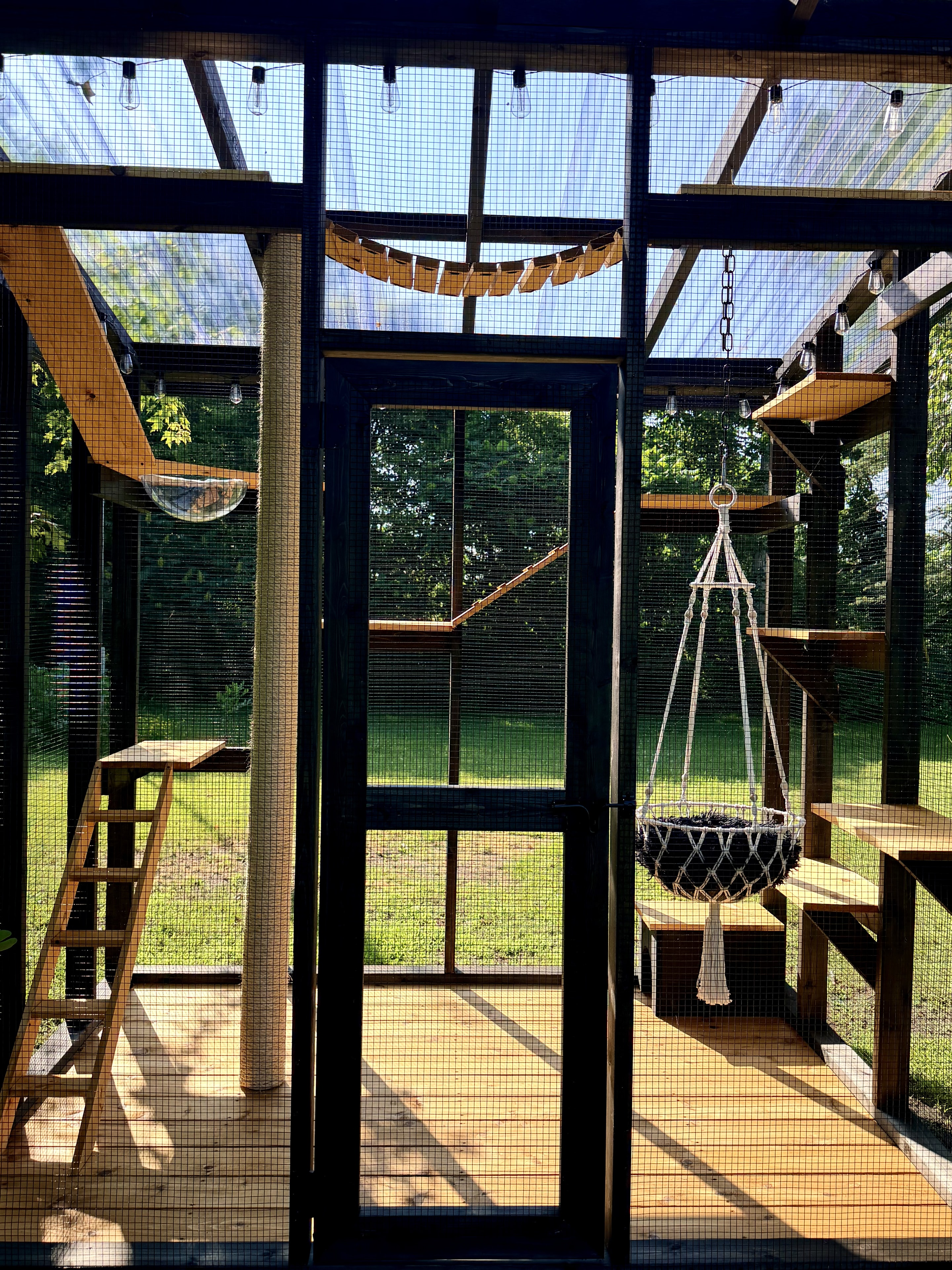 Interior of luxury catio with string lights and macramé basket