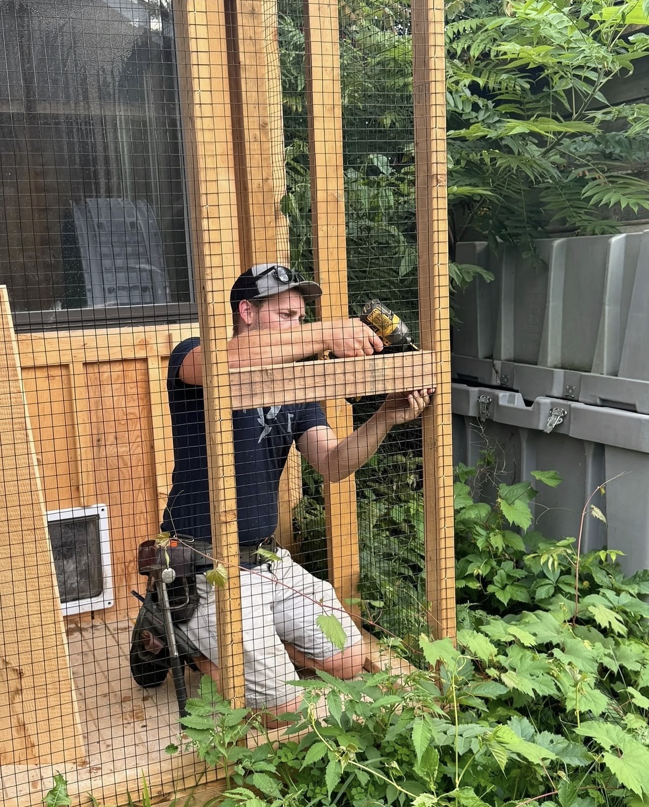Builder working on catio frame